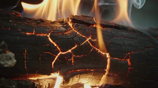 Close up of burning log with vibrant orange flames