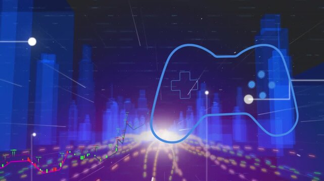 Animation of game controller, dots forming lines, abstract pattern, graphs and 3d model of city