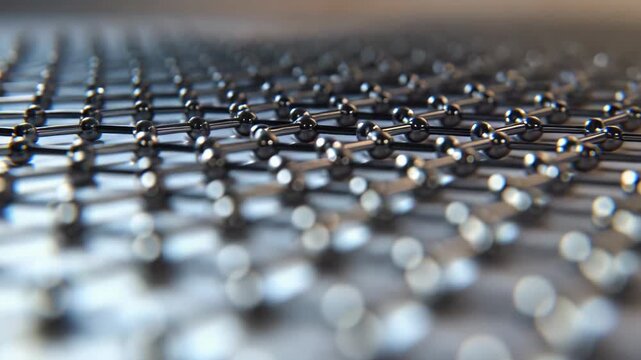 Graphene material atoms creating a hexagonal crystal lattice, representing concepts of nanotechnology, science, and microscopic structures in a modern background