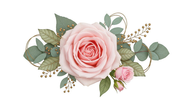 Pink rose floral arrangement with green leaves and small rose isolated on transparent background