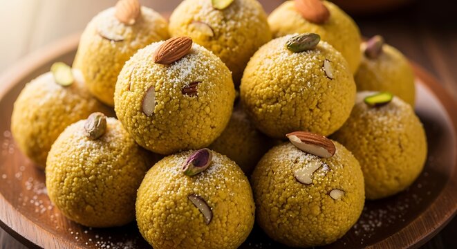 A delicious pile of traditional Indian sweets garnished with nuts on a plate.