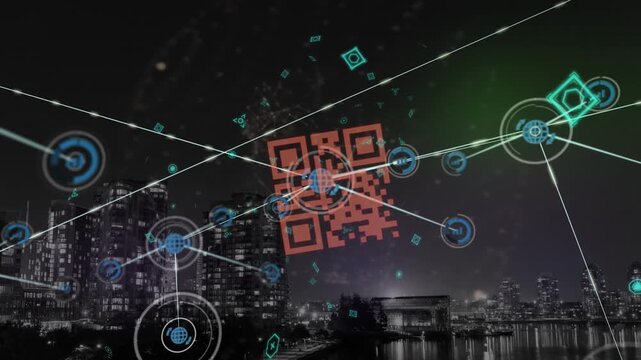 Animation of network of digital icons and qr code scanner against aerial view of cityscape at night