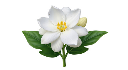 Obraz premium White gardenia flower with green leaves isolated on transparent background