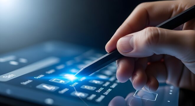 Close up of a hand holding a stylus pen over a glowing touchscreen keyboard in a dark environment