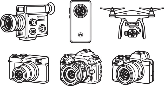 Collection of cameras and drone illustration: dslr, camera, smartphone, line art, action cam