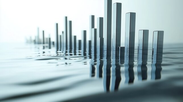 Abstract financial growth and market analysis visualized with reflective columns on water, representing investment trends and economic development.