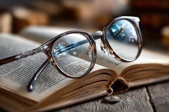Tortoise Shell Glasses Resting on an Open Antique Book
