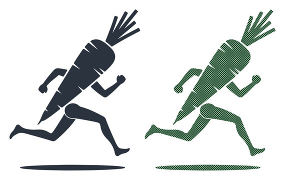 Carrot character running with human legs, symbolizing healthy eating and active lifestyle.