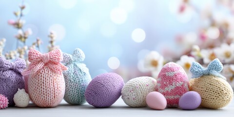 Obraz premium Cute Easter holiday composition with knitted eggs, bunny, gift box and spring flowers. Cozy handicraft still life of delicate pastel colors. Easter celebration gentle greeting card. Easter wallpaper.