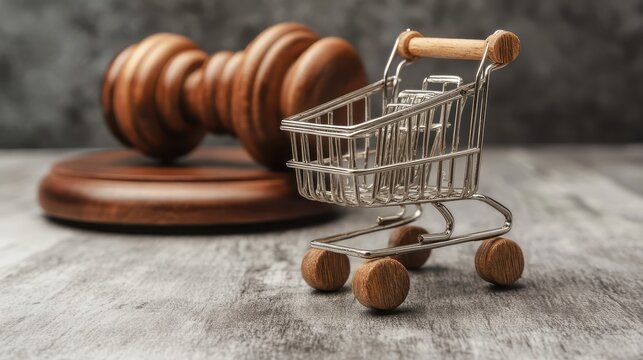 Consumer protection law concept with a shopping cart and gavel representing justice and commerce