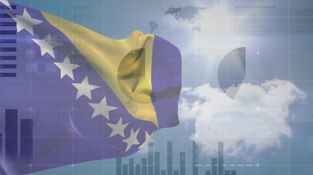 Animation of flag of bosnia and herzegovina over blue sky and charts processing data