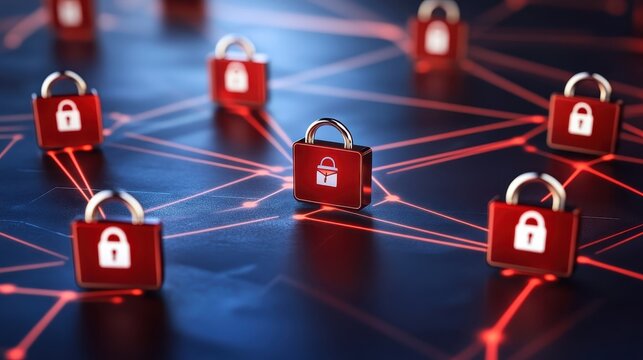 Digital network secured with red locks and glowing red lines representing cyber threat protection and data security concept