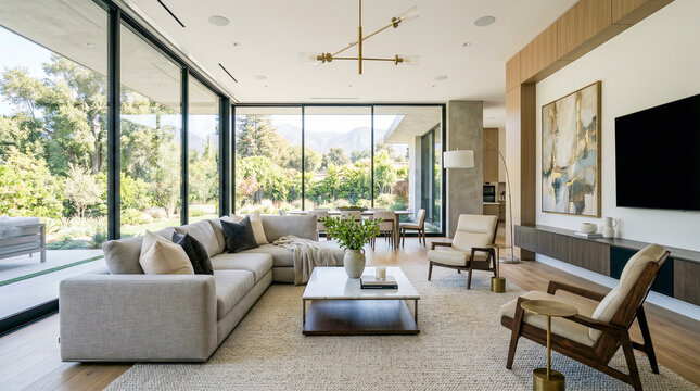 Sal&oacute;n moderno de lujo con dise&ntilde;o elegante, grandes ventanales y luz natural en ambiente minimalista.
