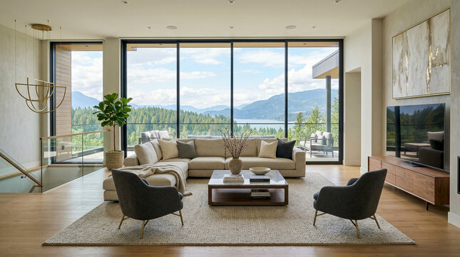 Sal&oacute;n moderno de lujo con dise&ntilde;o elegante, grandes ventanales y luz natural en ambiente minimalista.
