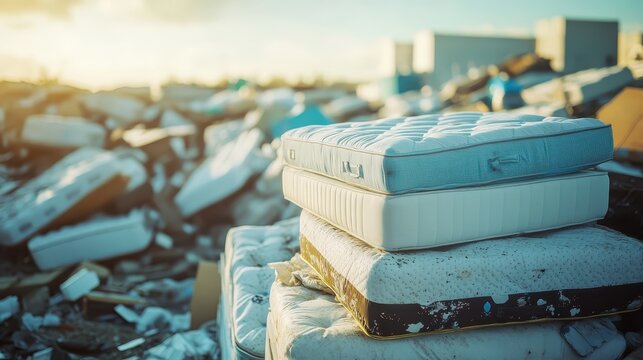 Discarded mattresses and broken furniture piled high at an overflowing landfill site under soft, hazy sunlight.