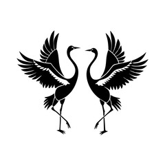 Naklejka premium Elegant black crane pair duet graphic illustration, showing two graceful birds facing each other with wings spread. This stylized crane pair duet symbolizes love, longevity.