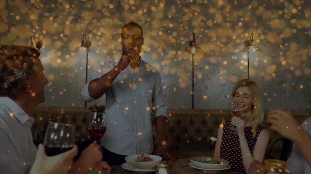 Group of diners raising drinks around table in restaurant marketing, with animated menu icons