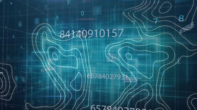 Flat design data interface showing neon-blue grid with contour lines and floating numeric strings