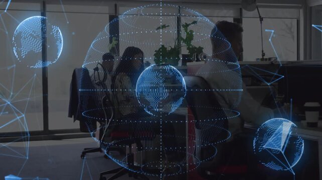 Office team typing upon input as 3D globe materializing with orbiting data nodes for analytics