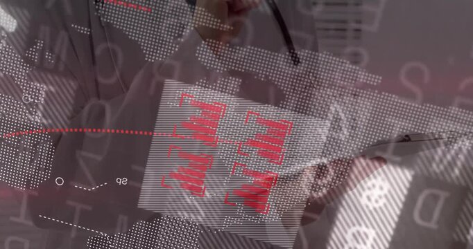 Female doctor reviewing clipboard while health map overlay forming matrix pulsing blocks scanning