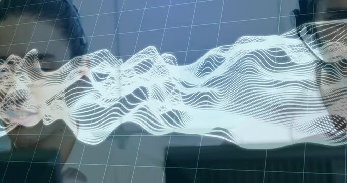 Baby sucking finger while white waveform pulsing over grid guiding sound tech monitoring audio