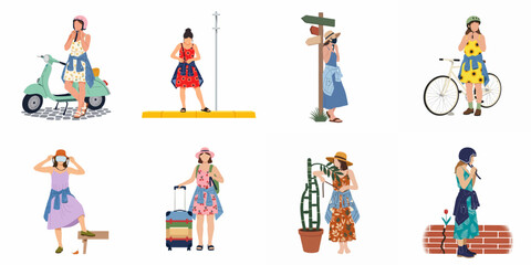 Fototapeta premium Collection of flat vector illustrations depicting women in summer fashion participating in travel activities like riding scooters, biking, and carrying luggage.