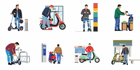 Fototapeta premium Set of flat illustrations featuring young men using electric scooters and motorbikes for urban commuting, shopping, and transportation around a city mall.