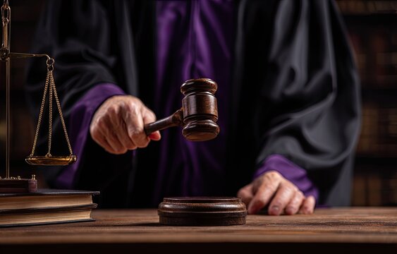 Judge Holding Gavel Over Docket Scales of Justice and Law Books Dramatic Lighting Judicial Courtroom Atmosphere