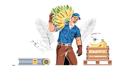 Banana Harvest & Labor: A worker shoulders a bountiful harvest of bananas while managing crate, celebrating the vitality of the crop, with its robust labor. © abidakhatun