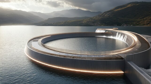 Futuristic tidal energy system harnessing ocean power with cascading waterfalls and illuminated coastal infrastructure