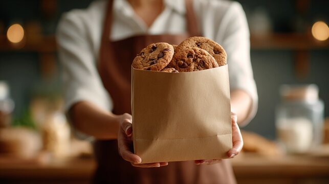 A woman is holding a bag of homemade cookies