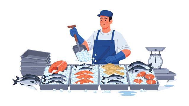 Fishmonger's Bounty: A smiling fishmonger stands behind a fresh display of fish, showcasing a variety of seafood, and creating an inviting scene.