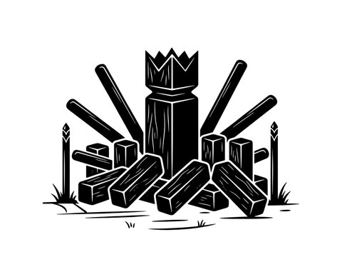 A stylized black and white vector illustration of the Swedish lawn game Kubb, featuring the king piece, batons, and wooden blocks.