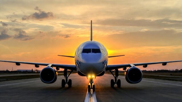 Airplane stands on runway at golden hour
