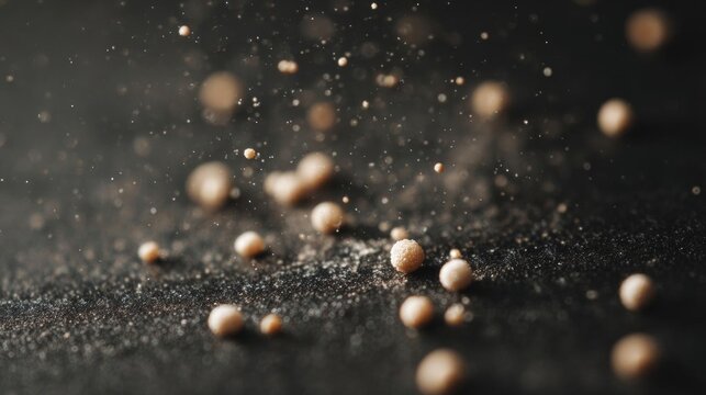 Close-up of a black surface with small, round objects scattered across it. the objects appear to be small, light brown in color and have a smooth texture.