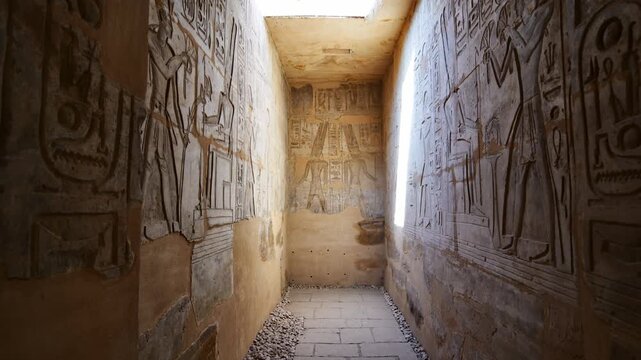 Ancient painted walls and ceiling with gods figures, hieroglyphics and cartouches inside Seti I temple, Luxor Egypt.
