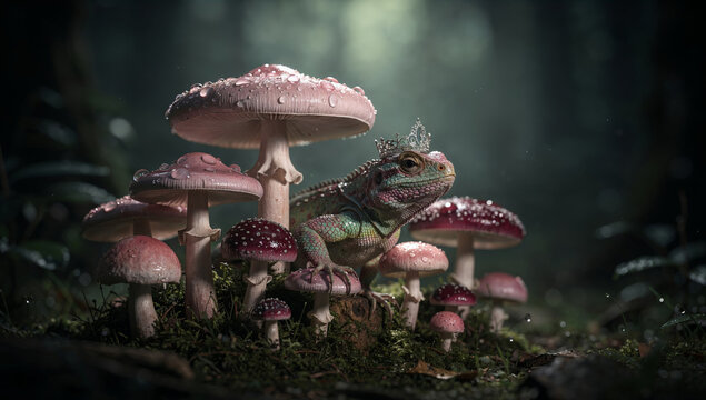 A colorful lizard wearing a tiny crown perches among a group of pink and red mushrooms with water droplets in a misty, mossy forest environment