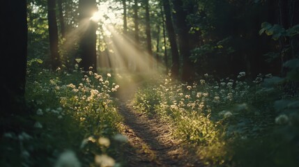 Obraz premium Sunbeams pierce through dense forest canopy illuminating a flower-lined path in the early morning light