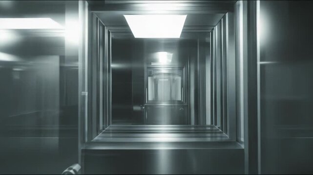 Bright modern cleanroom corridor with stainless steel walls and observation windows, reflecting a futuristic, sterile high tech lab environment for pharmaceutical or medical research