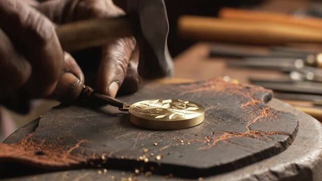 Skilled artisan meticulously engraves intricate floral patterns onto a circular metal pendant using traditional tools and techniques