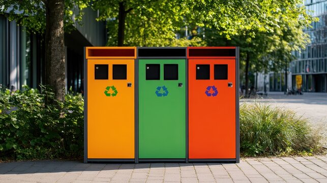 Three brightly colored recycling bins with clear waste sorting symbols stand on a city street on a sunny day