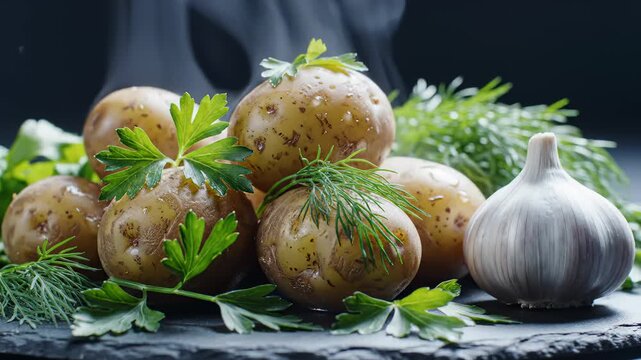 Steaming Hot Potatoes and Garlic With Fresh Herbs on Dark Slate Surface, Close-Up
