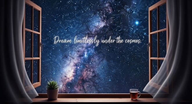Window view of a starry night sky with text