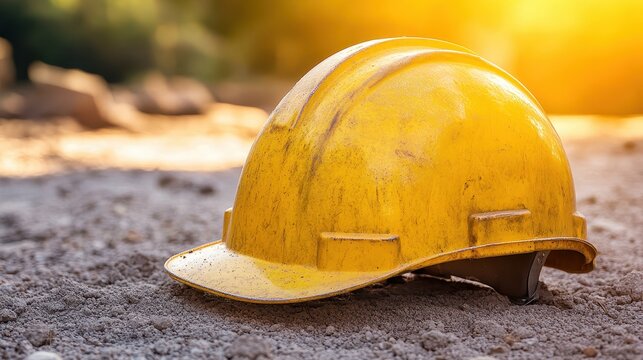 Yellow hard hat resting on rough ground, illuminated by bright sunlight