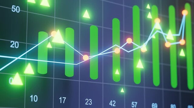 Market trends show upward movement with green indicators and data points displayed on a trading screen during business hours.