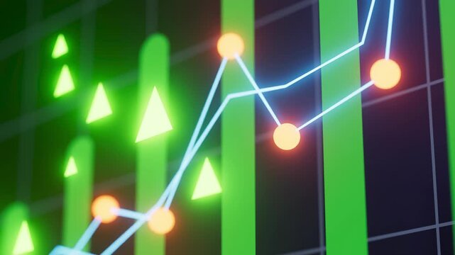 Trends show upward movement on a digital display with green bars and a blue line chart illustrating data growth.