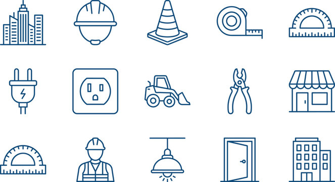 Set of Blue Line Construction Icons Featuring Architecture, Engineering Tools, Hard Hat, Traffic Cone, Tape Measure, Protractor, Pliers, and Buildings