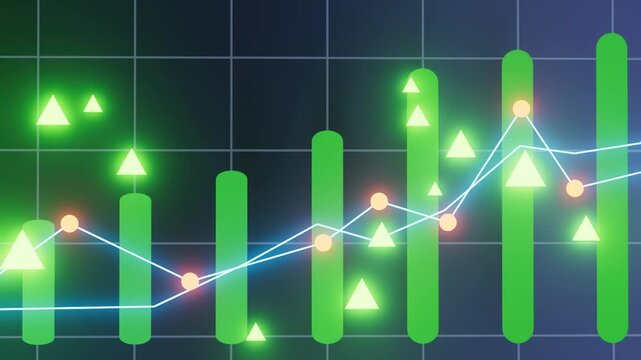 Growth in data analysis with green bars and a blue line showing trends from small to large points.