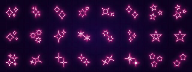ネオンカラーの星とキラキラ記号のアイコンセットneon color star and sparkling symbol icon set. © samemen