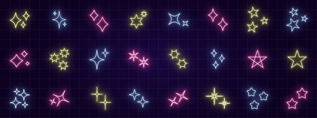ネオンカラーの星とキラキラ記号のアイコンセットneon color star and sparkling symbol icon set. © samemen